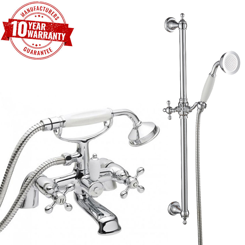 Traditional Cross Head Handles Chrome Bath Shower Mixer Tap with Rail