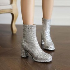 Sequins Women's Glitter Ankle Boots Zip Formal Oversize Square Toe Fashion Shoes