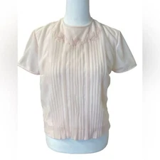 Vintage ILGWU Pink Chiffon and Nylon Pleated Short Sleeve Blouse/Top Small