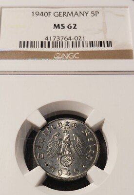 NGC MS62 1940-F German 5 Reichspfennig Rare Bright Lustrous Zinc J