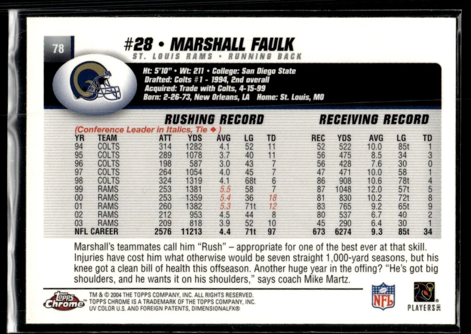 2004 Topps Chrome Marshall Faulk St. Louis Rams #78 - Image 2 of 2