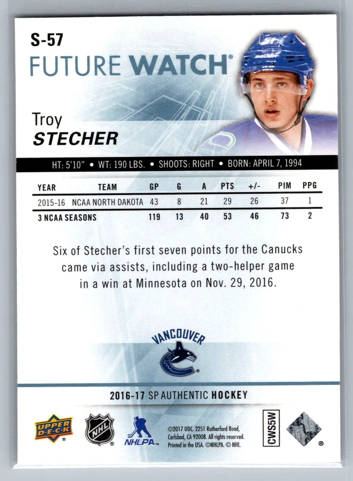 2016-17 SP Authentic #S-57 Troy Stecher Vancouver Canucks Future Watch Gold #/50 - Image 2 of 2