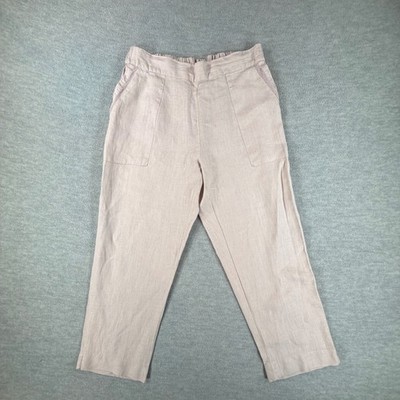 Symple NYC Linen Pants M Tan Crochet Trim Elastic Waist Trousers Lagenlook Boho