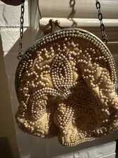 Antique Beaded Art Elegant White Beaded Purse/ Coin Purse 4.5x5 With Chain