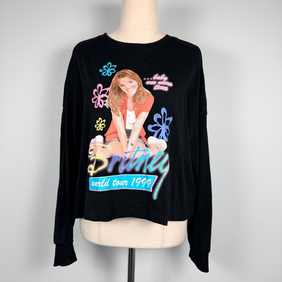 Britney Spears Black Cotton Long Sleeve Crop Top Size 12 Graphic Tour Tee Casual