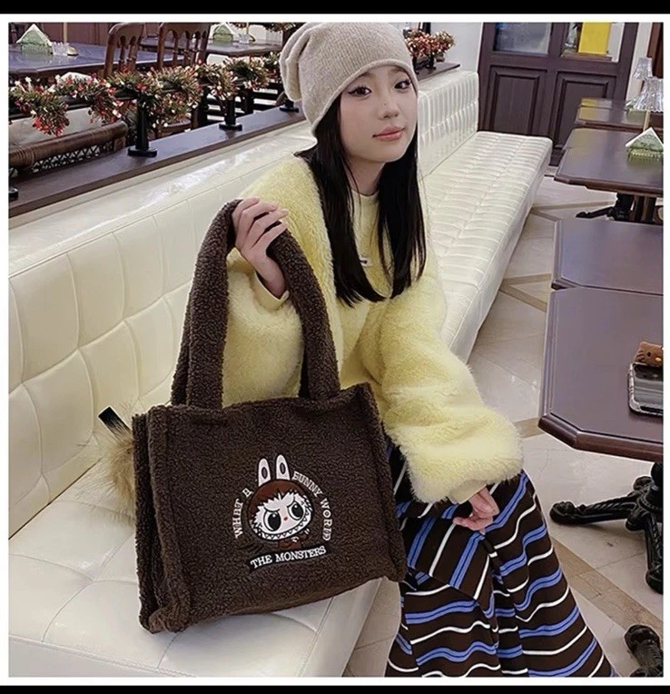 Juego de 3 Bolso de Hombro Bordado de Peluche Labubu Monster Blanco Marrón Rosa Foto 3 de 3