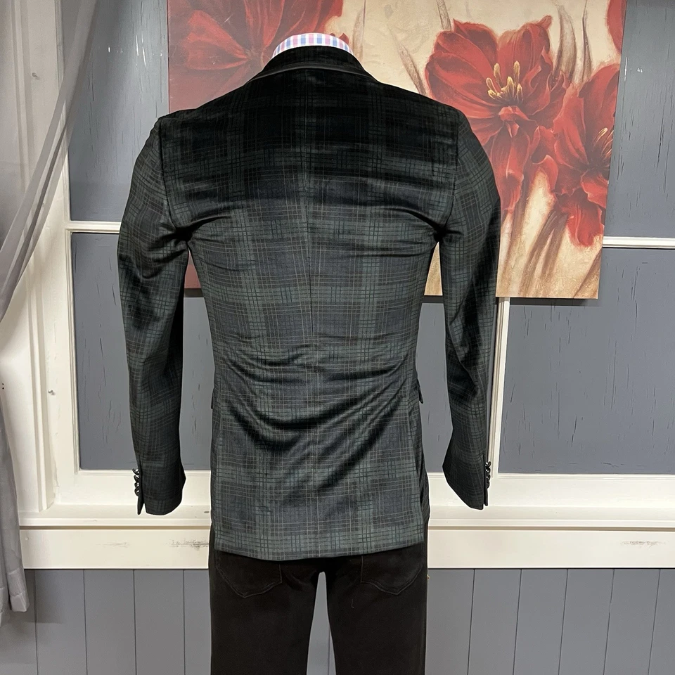 Chaqueta de comedor de terciopelo gris y cachemir para hombre 36R calce ajustado poliéster verde/negro Foto 3 de 4