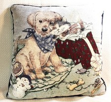 Christmas Winter Tapestry Accent Throw Pillows Puppy  Kitten 16"x16"