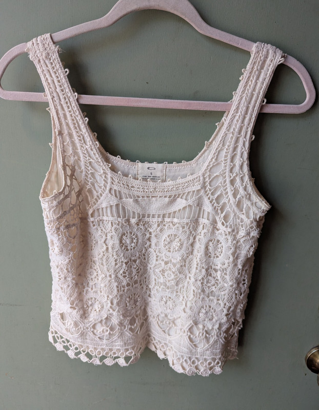 Pins and Needles Ivory Crochet Hippie Boho Festival Wide Strap Crop Tank Top S
