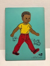 RARE Vintage 1968 Wooden Puzzle Judy Company 6 Pc Black Boy Teal Yellow Red Toy