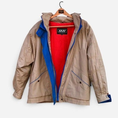 VTG izzi Tan Bomber Jacket Red Orange Lining Blue Trim Unisex M Vintage