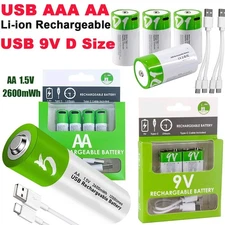 USB AA AAA 9V C D Lithium ion Li-ion Rechargeable Battery 1.5V With Type C Lot
