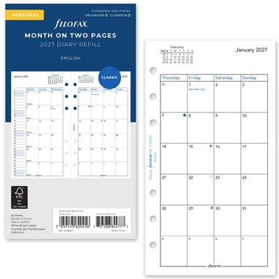 2027 Filofax Personal Size Refill 27-68410 Month on Two Pages, 95mm x 171mm