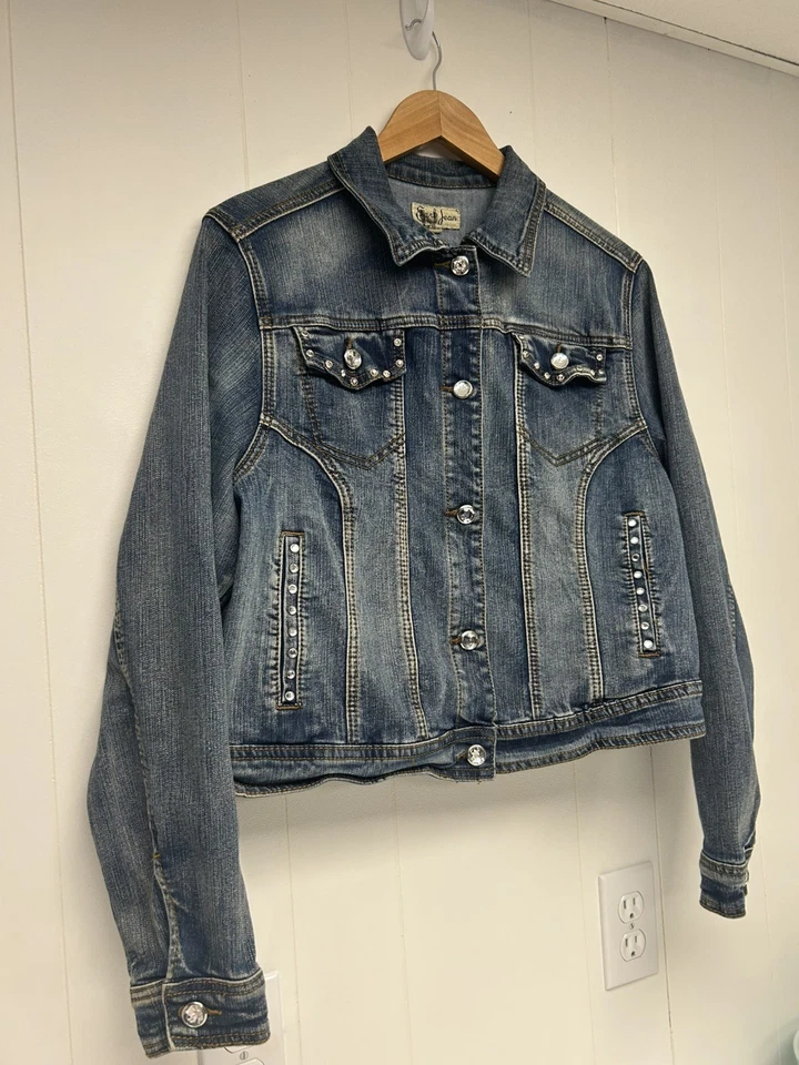 EARL Jean Denim Jean Chaqueta Embellecida Estrás Abotonada Mujer Grande 14/16 Foto 2 de 4