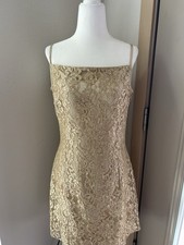 Vtg 90s Gunne Sax Jessica McClintock Gold Floral Lace Glam Dress 12 Prom Formal
