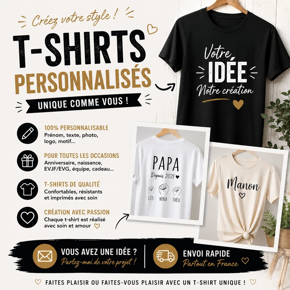 👕 T-Shirt Personnalisé – Création Unique avec Prénom, Texte ou Motif 🎁 - Photo 1/1