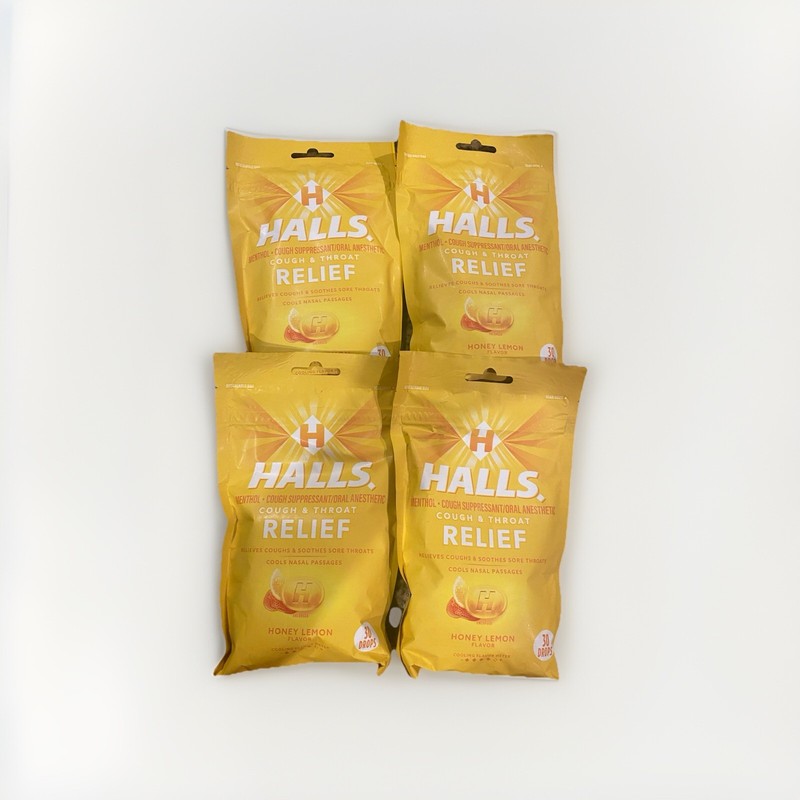 4 x Halls Cough Throat Relief Drops Honey Lemon 30ct Each Exp 05/2026+