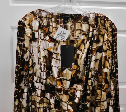 New St John $595rt Brown Ivory Silk Stretchy Long Sleeve Top Blouse sz 4 - Picture 2 of 5