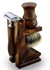 3PC Wooden Shaving Set For Men's. Synthetic Hair Brush DE Safety Razor Gift Man