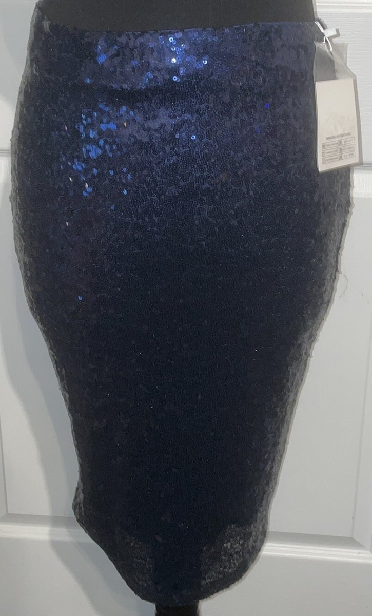 LADIES SIZE UK 8-10 NAVY SEQUIN STRETCHY PENCIL SKIRT NEW WITH