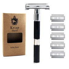 DOUBLE EDGE BUTTERFLY OPEN SAFETY RAZOR FOR MEN WOMEN + 10 SHAVING BLADES BLACK