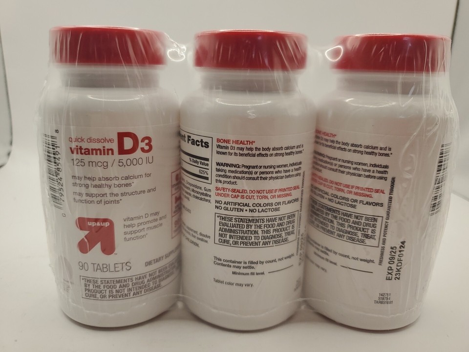 3 X Up & Up Vitamin D3 125 mcg 5000 IU 90 Tablets Dietary Supplement