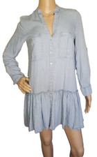 ZARA Tiered Ruffled Roll Tab Sleeve Blue Shirt Dress Size Small Pockets      T14
