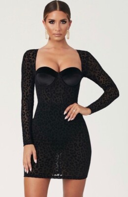 Meshki Seara Devore Black Long Sleeve Corset Velvet Sexy Leopard Mini Dress  Sz M | eBay