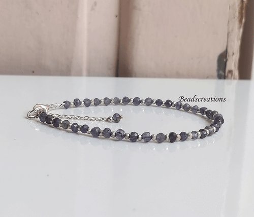 AAA Iolite and Silver Pyrite Beads Bracelet Beaded Shine Beads Jewelry Wife Gift - Foto 3 di 7