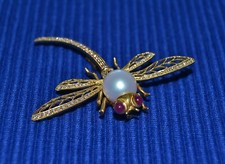 Extraordinary DRAGONFLY Sparkle (67) DIAMOND (2) Ruby Cab PEARL 18k BROOCH Pin