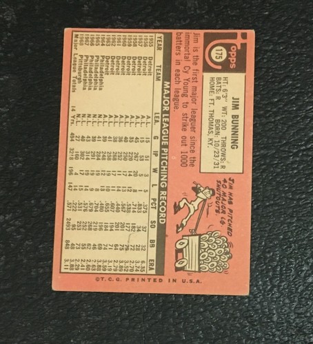 1969 Topps #175 Jim Bunning Pirates VG - Picture 2 of 2