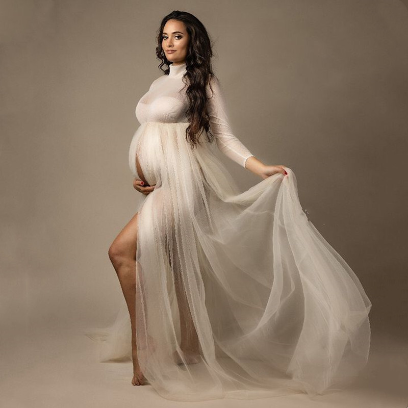 Pregnant Women Dress Maternity Long Sleeve Mesh Gown For Photography  Shooting - Main Image