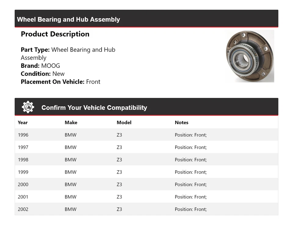 Conjunto de cojinete de rueda y buje delantero MOOG 1996 1997 1998 BMW Z3 1996-2002 Foto 2 de 4