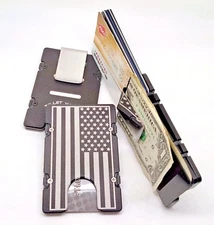 Mens Large American Flag Aluminum Wallet, RFID protection, Black Anodized