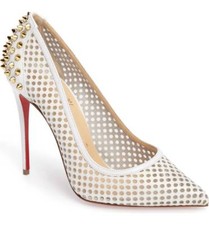 Christian Louboutin GUNI Stud Spike 100 Pointy Toe Pump Shoe White Leather EU 35