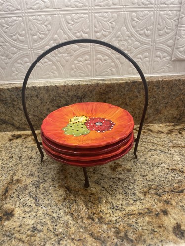 Set of 4 Laurie Gates Ceramic floral, Appetizer Plates, hand painted/Holder