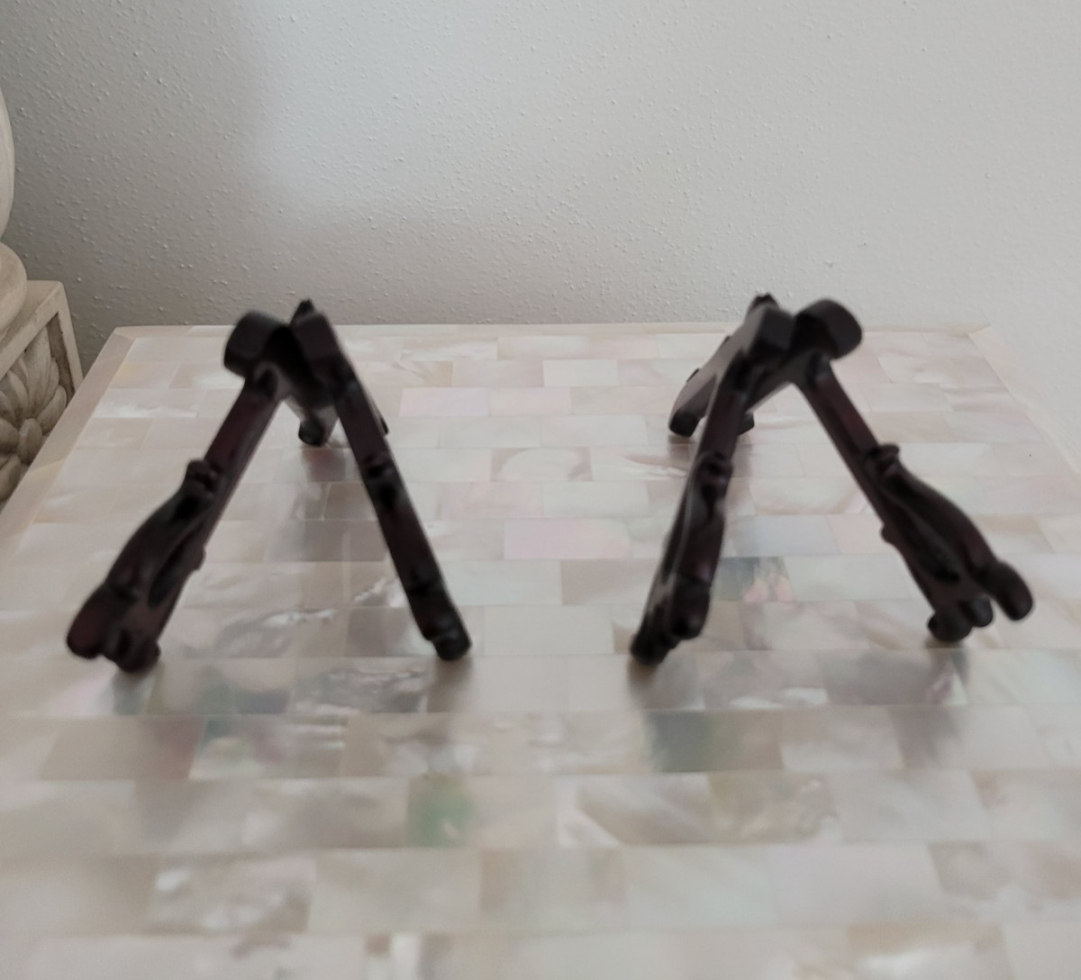 Vintage Pair of Small Chinese Dragon Carved Rosewood Easel Display Stands 3" H