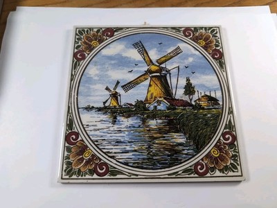 Delftware Windmill Trivet Netherlands 6 x 6''
