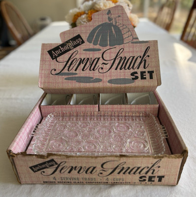 Vtg Anchorglass Hocking Serva-Snack set pink box Svc for 4 circles 50's 60's EVC