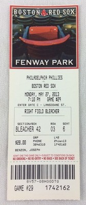 MLB 2013 05/27 Philadelphia Phillies at Boston Red Sox Full Ticket-Aceves WP