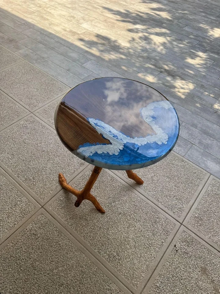 Walnut & Blue Epoxy Side Table Top Ocean Wave Resin Coffee Table Top - Image 2 of 4