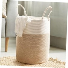 Laundry Hamper Basket, Woven Cotton Rope Blanket 15"D x 18"H White Brown