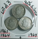 Lot of 3 Roosevelt Dimes 90% Silver VG Condition 1961 -1964- 1964 Look @ & Judge