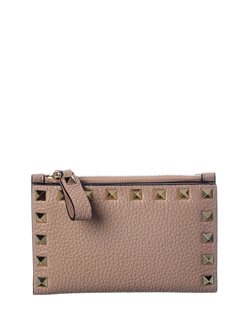 Женский кошелек для монет и визитниц из зернистой кожи Valentino Rockstud бежевого цвета