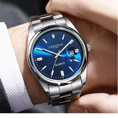 CHRONOS CH09 Men's Quartz Analog Watch Blue Dial Date Lume Steel Bracelet 41mm