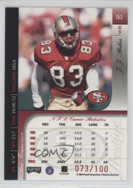2000 Playoff Prestige Red Spectrum /100 JJ Stokes #153 - Image 2 of 2