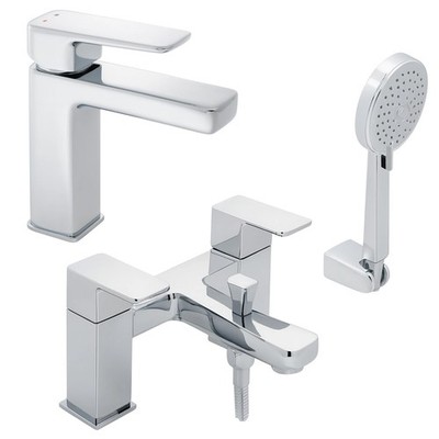 Loch Waschtisch & Badewanne Dusche Mischbatterie Set Chrom Eckig Design