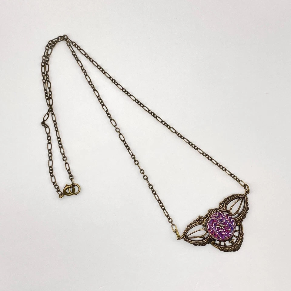 Vintage Art Deco Nouveau Pendant Necklace Foil Back Lucite Cabochon Brass Chain - Изображение 3 из 4