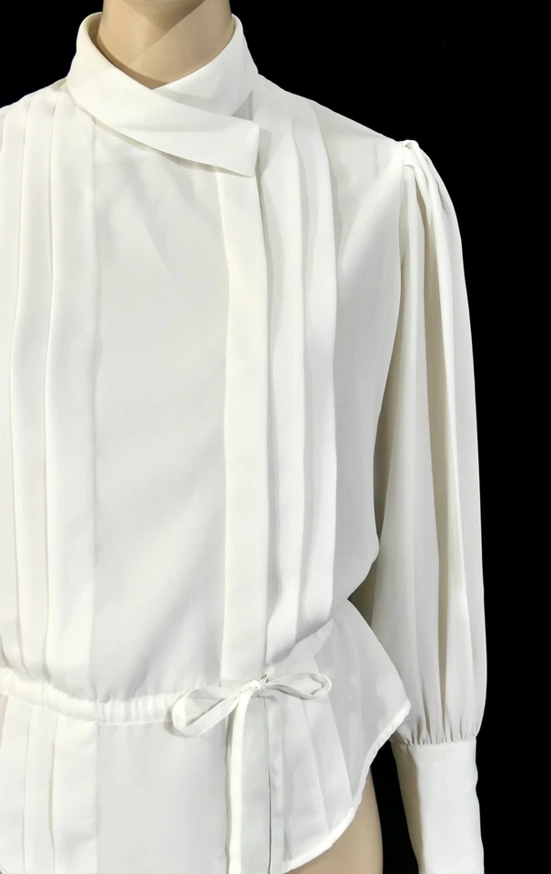 Vintage 80s Liz Claiborne Chiffon Bishop Sleeve Military Draw String Blouse sz 4 - Image 2 of 4