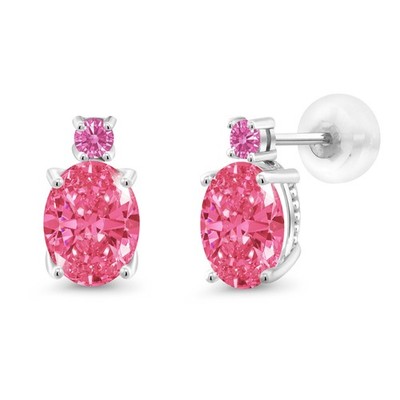 14K White Gold Stud Earrings 8x6mm Set with Fancy Pink Zirconia